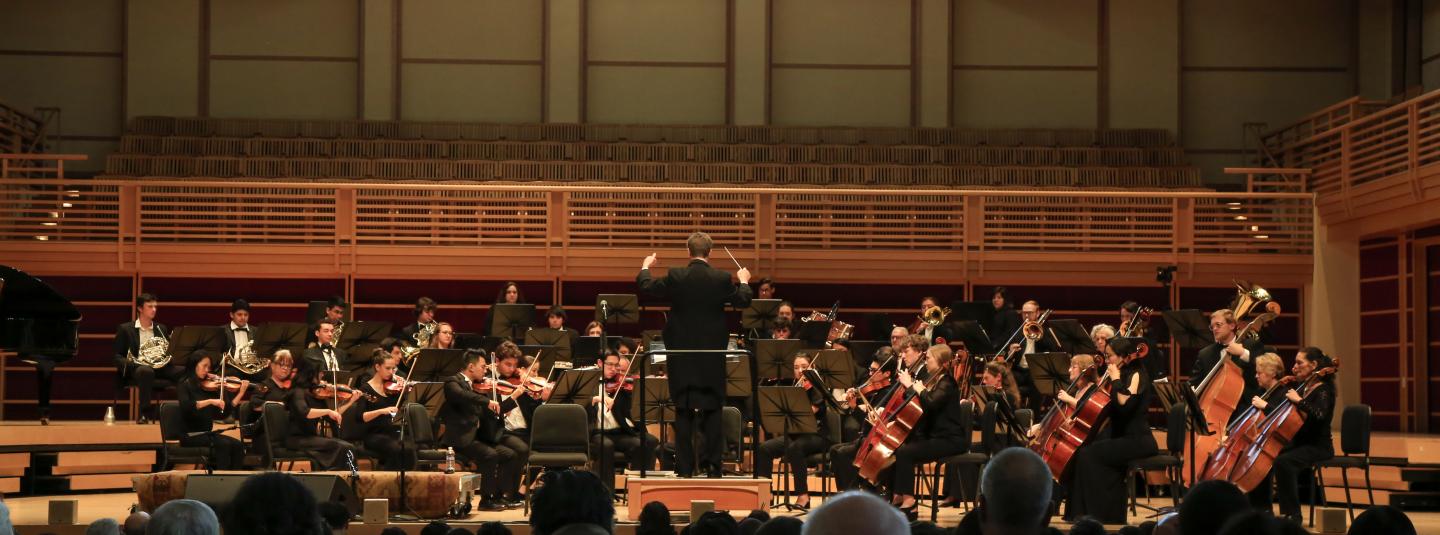 Orchestra playing on stage with an audience