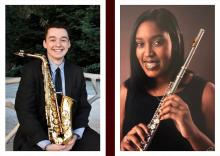 Matthew Bowker with saxophone and Isabella Grimes with flute headshots