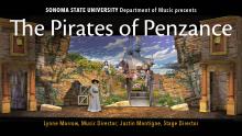 The Pirates of Penzance with image of a village, a pirate ship in the background and a few characters in the foreground