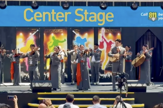 Members of the Cantares de Mi Tierra youth mariachi ensemble perform on the Center Stage at the California State Fair in Sacramento.