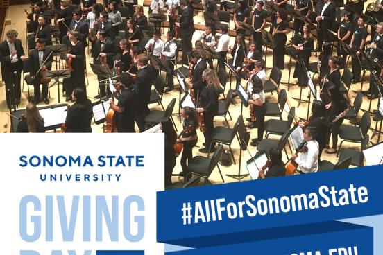 Giving Day ad with Symphony Orchestra on stage