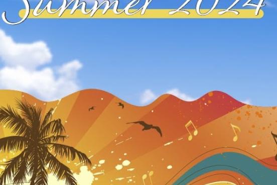 Colorful beach-themed graphic with palm trees, birds, musical notes, and orange waves under a bright blue sky.