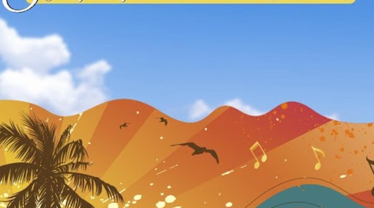 Colorful beach-themed graphic with palm trees, birds, musical notes, and orange waves under a bright blue sky.