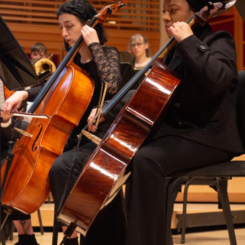 Two musicians playing cellos during an orchestra performance in a concert hall.