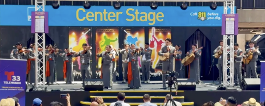 Members of the Cantares de Mi Tierra youth mariachi ensemble perform on the Center Stage at the California State Fair in Sacramento.