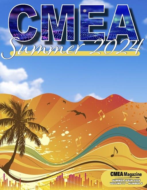 Colorful beach-themed graphic with palm trees, birds, musical notes, and orange waves under a bright blue sky.