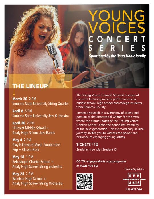 Poster for the Young Voices Concert Series featuring images of young musicians and event details