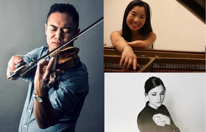 Violinist, pianist, and a person in black and white photo collage