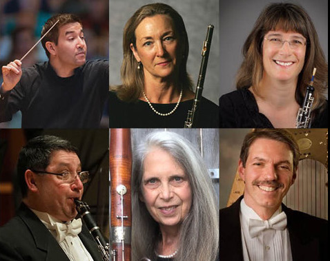 Six headshots, one conducting, three holding instruments, one playing the clarinet, one standing in front of a harp