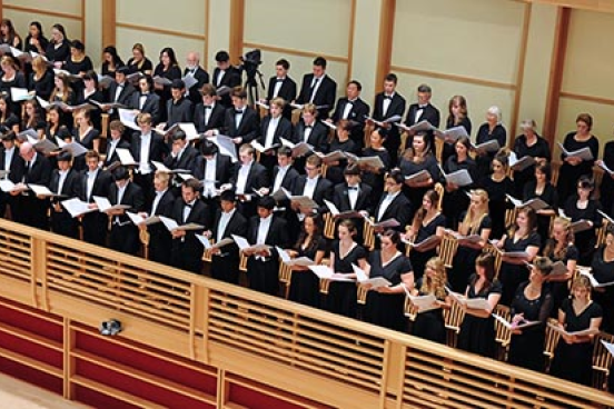 Choir standing and singing in choir loft