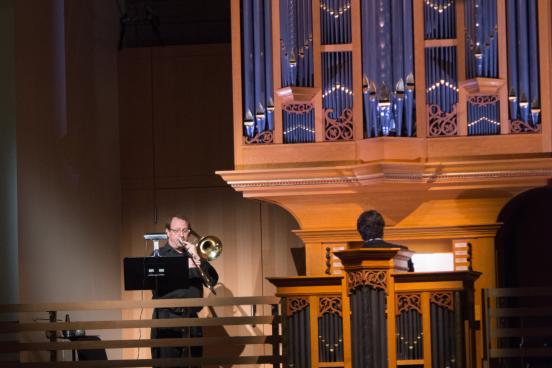 Schroeder Hall Opening Weekend. Tony Collins, trombone