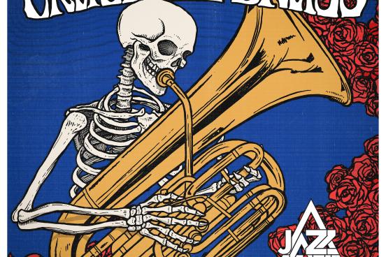 Skeleton playing the tuba with roses and a blue background "Grateful Brass"