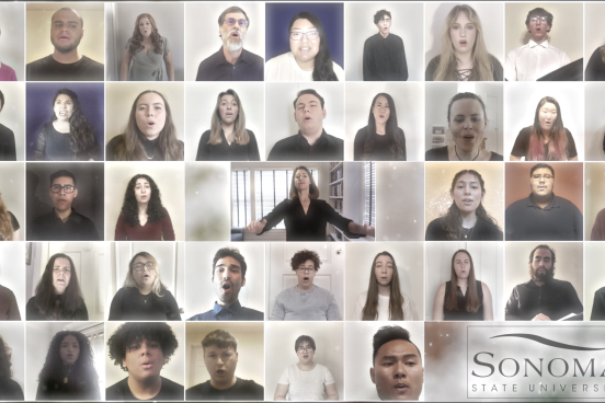 Multiple screens of SSU Concert Choir and Sonovoce singing together