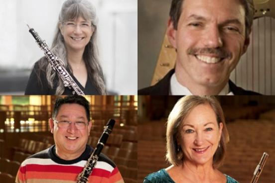 Four headshots in one image. 3 holding instruments and one with a harp behind them