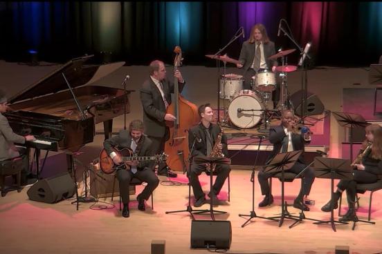 Jazz ensemble on Weill Hall's stage performing with Wynton Marsalis