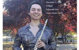 Juan Miranda senior recital poster with Juan smiling and holding a flute