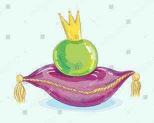 cartoon pea wearing a gold crown and resting on a magenta pillow with yellow tassels