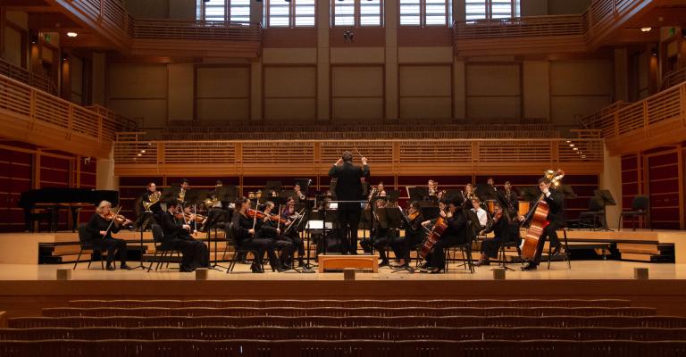 Picture from back of the hall of the orchestra performing