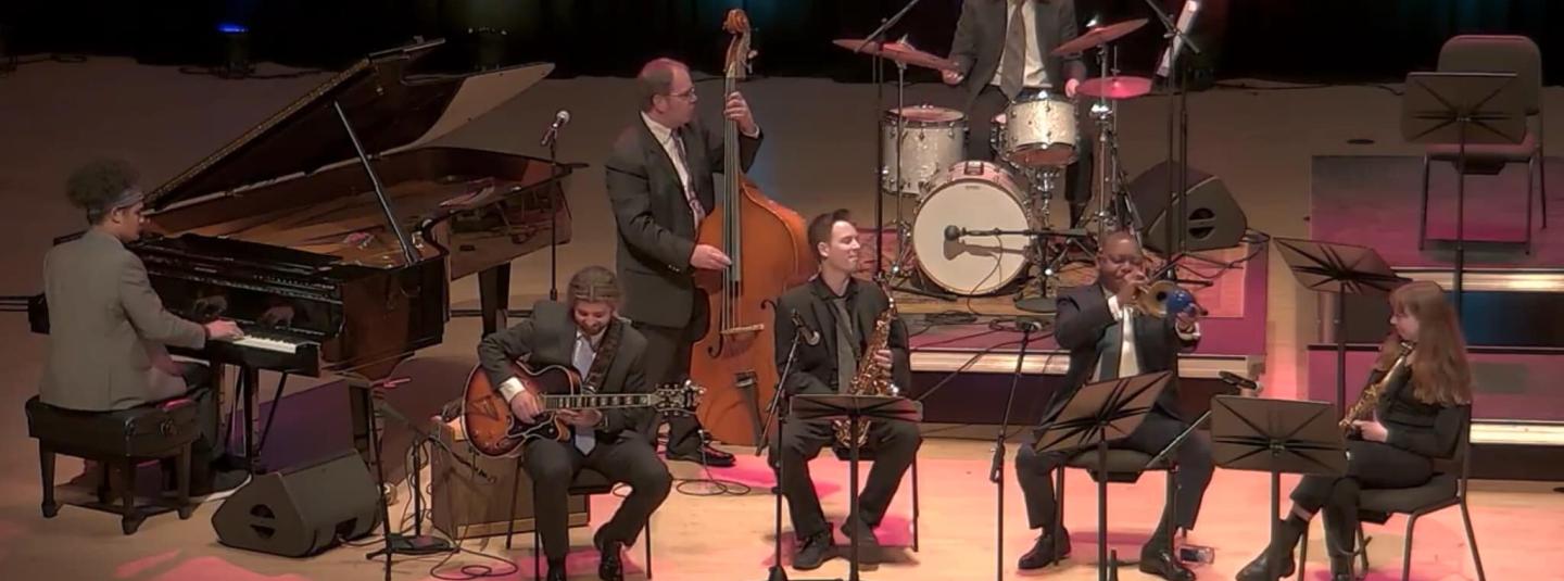 Concert Jazz ensemble performing with Wynton Marsalis in Weill Hall