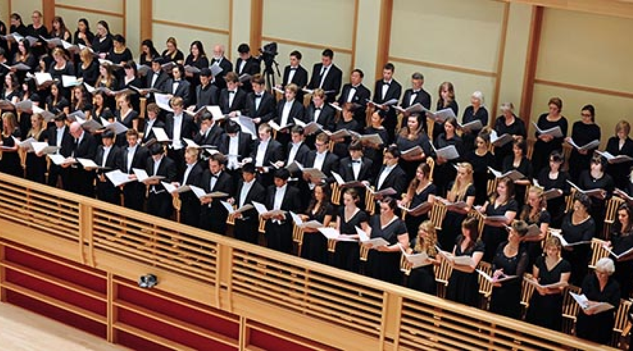 Choir standing and singing in choir loft