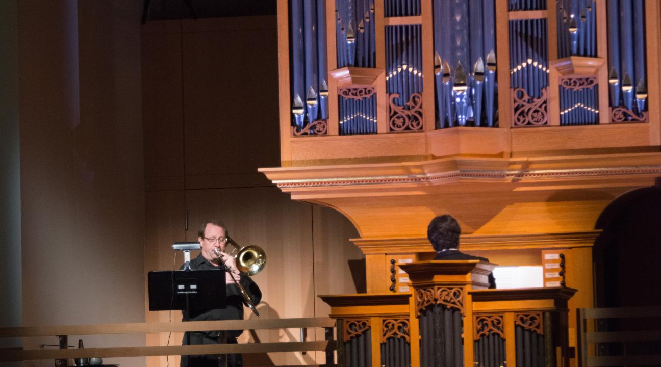 Schroeder Hall Opening Weekend. Tony Collins, trombone