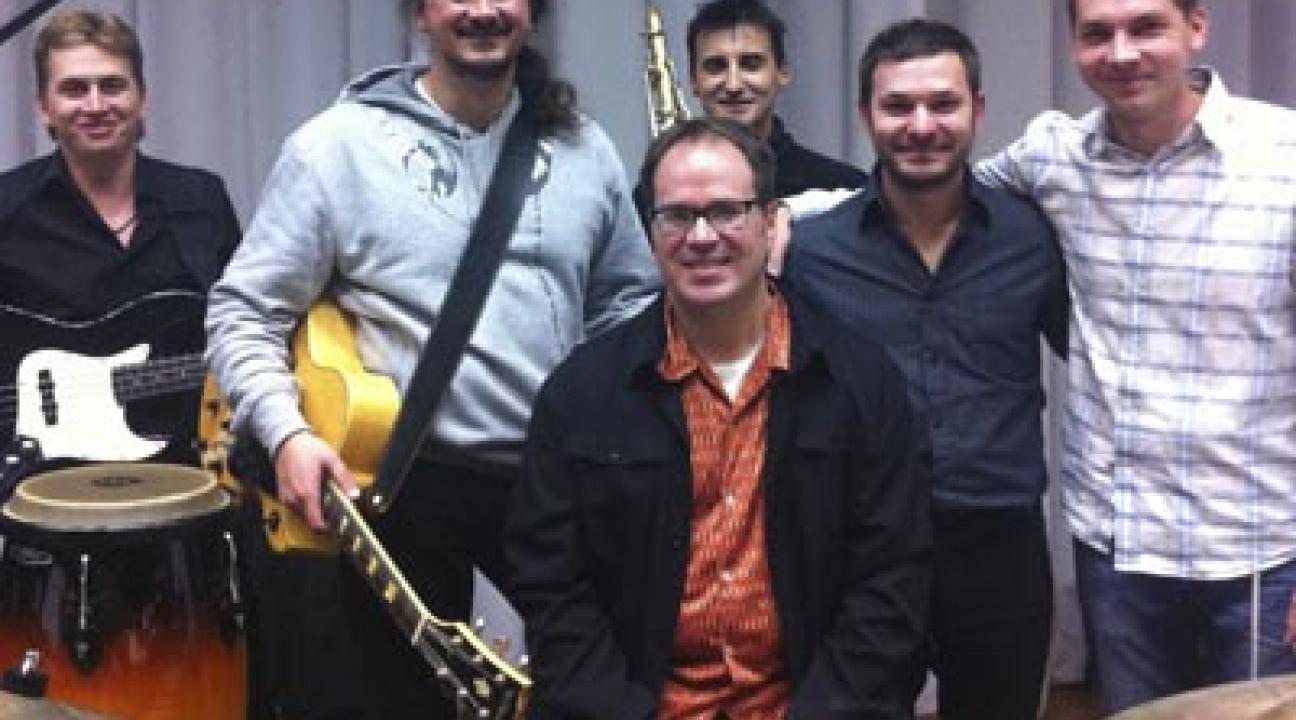 Doug Leibinger, center, with jazz colleagues in Belgorod, Russia