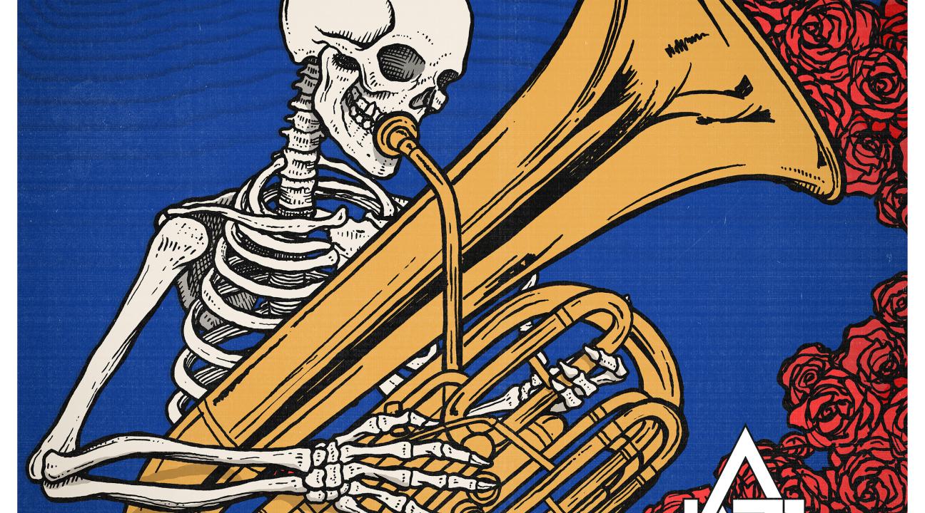 Skeleton playing the tuba with roses and a blue background "Grateful Brass"