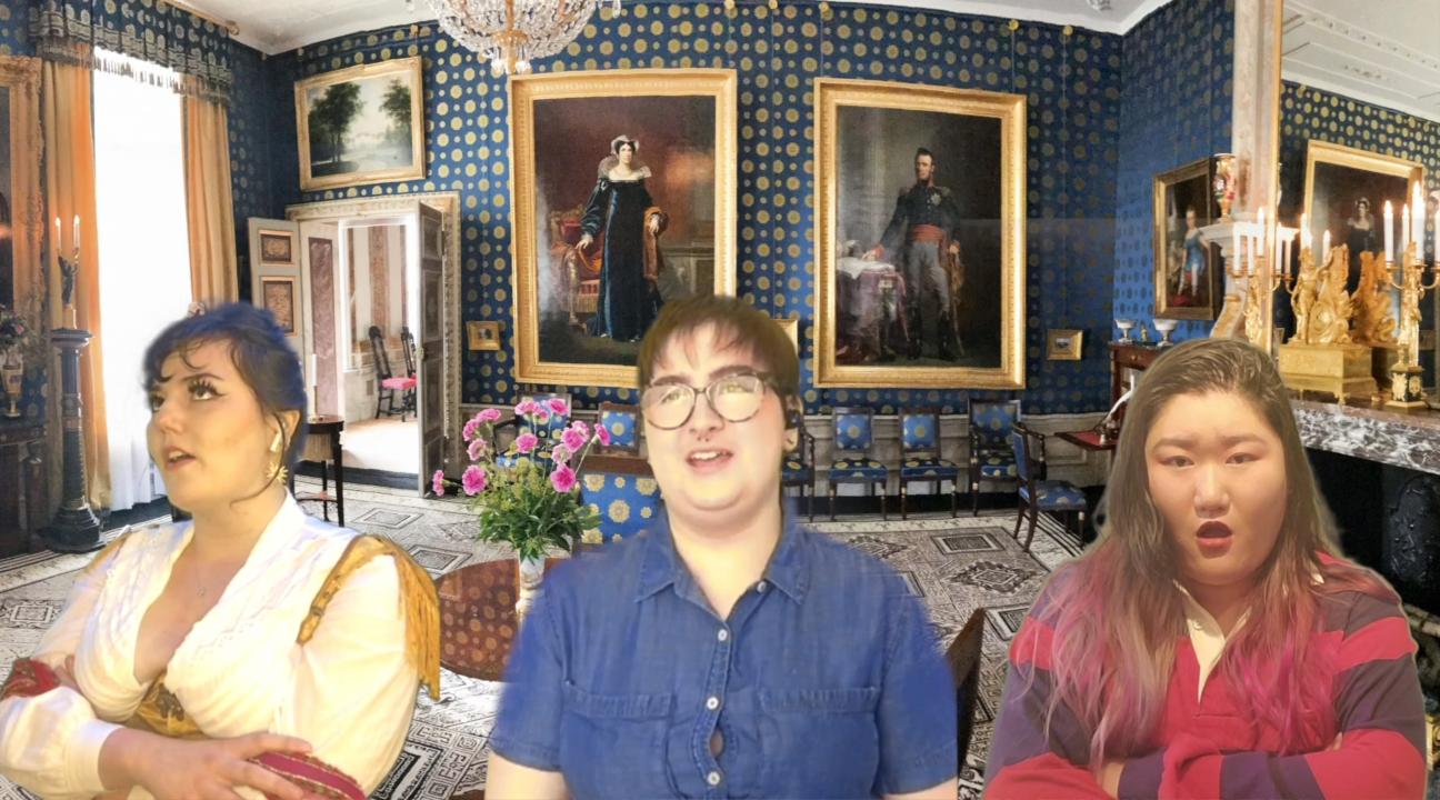 Three women standing next to each other in front of a green screen