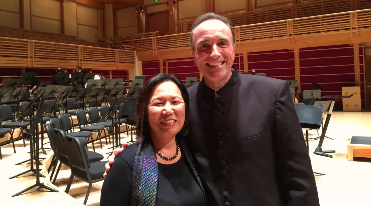 SSU President Judy Sakaki with Symphonic Wind Ensemble Conductor Andy Collinsworth