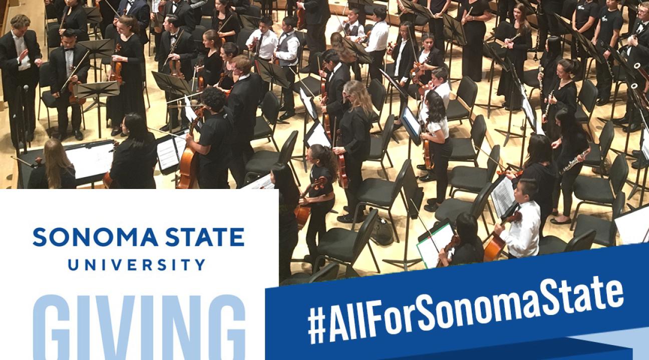 Giving Day ad with Symphony Orchestra on stage