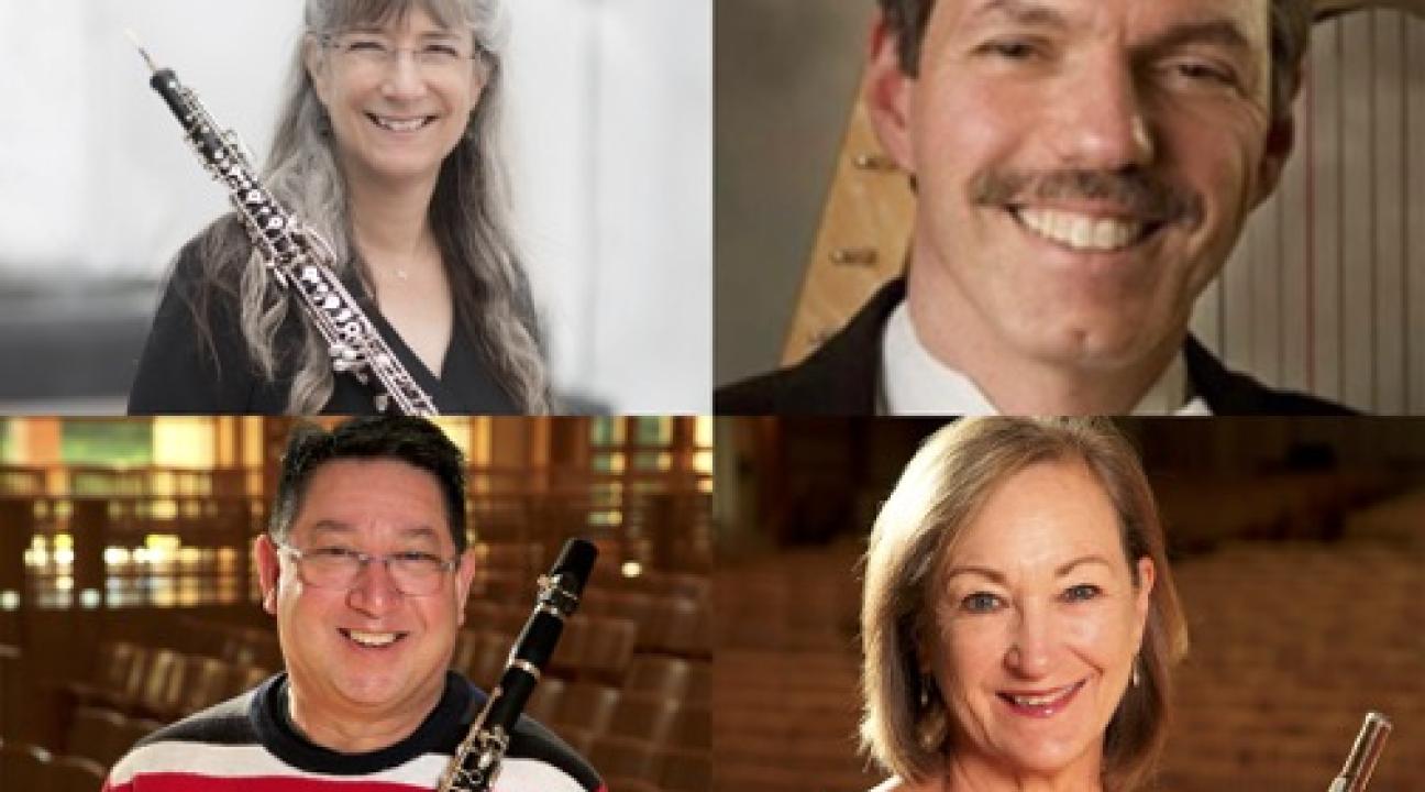 Four headshots in one image. 3 holding instruments and one with a harp behind them