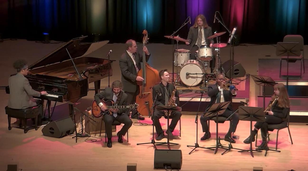 Jazz ensemble on Weill Hall's stage performing with Wynton Marsalis