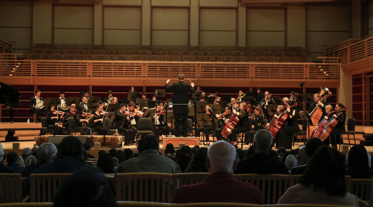 The orchestra performing on stage with an audience in the foreground