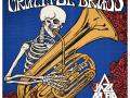 Skeleton playing the tuba with red roses and blue background- "Grateful Brass"