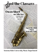 Owen Short Senior Recital with a saxophone laying on sheet music