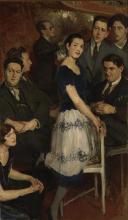Le Groupe des six, 1922, painting by Jacques-Émile Blanche. On the left, from bottom to top: Germaine Tailleferre, Darius Milhaud, Arthur Honegger, Jean Wiener. On the right, standing Francis Poulenc, Jean Cocteau; and seated Georges Auric.