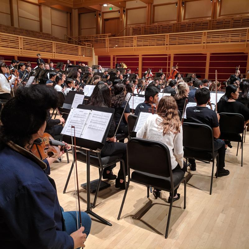 Side view of the orchestra in rehearsal