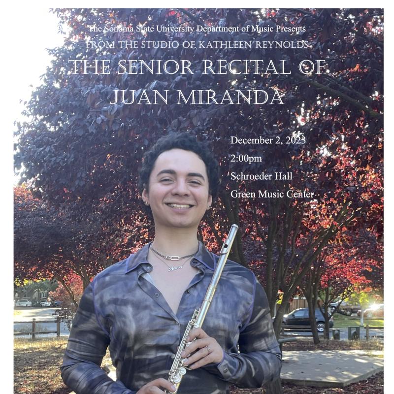 Juan Miranda senior recital poster with Juan smiling and holding a flute