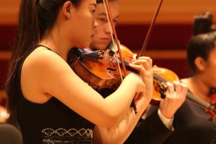 mid shot of two violinists performing in orchestra