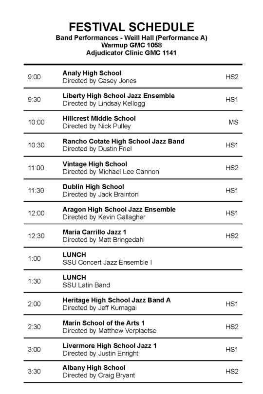 SSU Redwood Empire Jazz Festival Schedule 1