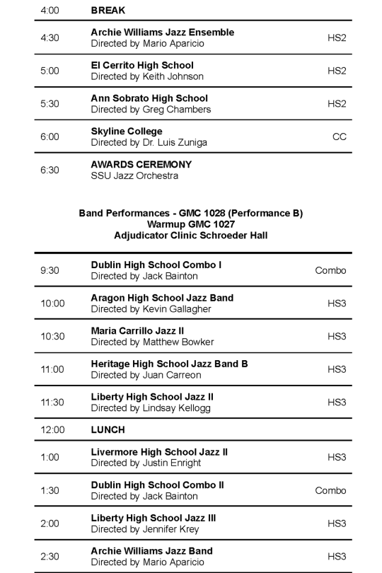 SSU Redwood Empire Jazz Festival Schedule 2