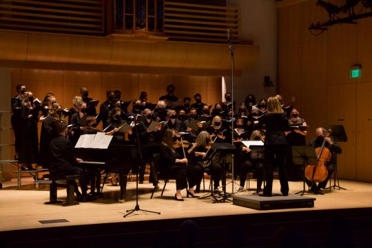 SonoVoce performing on Schroeder stage with small instrumental ensemble