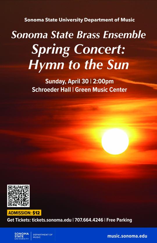 Sonoma State Brass Ensemble Spring Concert: Hymn to the Sun poster with the background of a sun