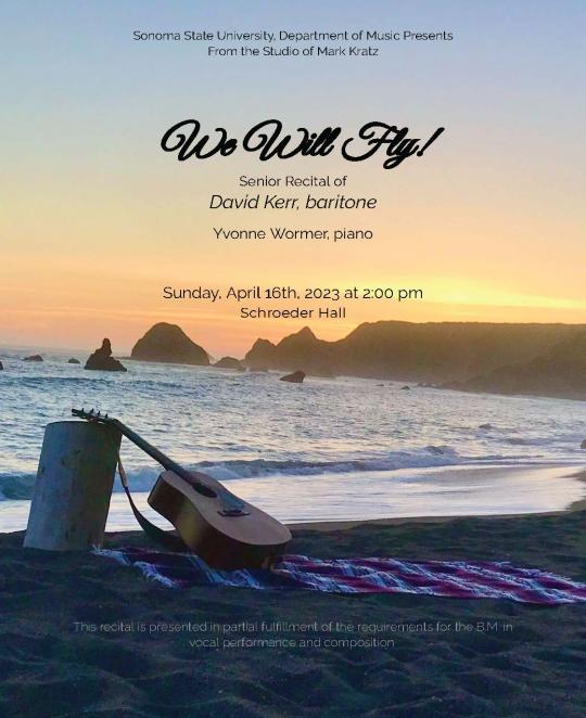 David Kerr Senior Recital poster with guitar on the beach