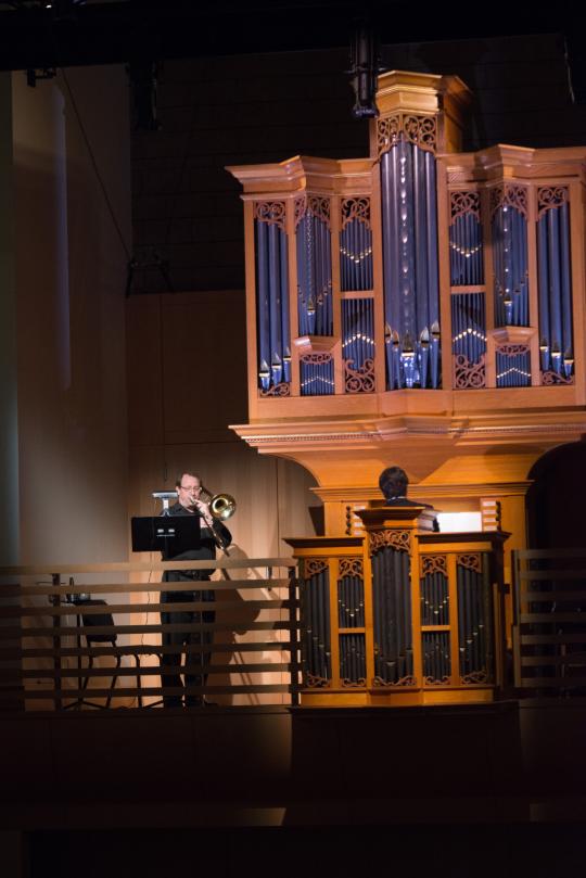 Schroeder Hall Opening Weekend. Tony Collins, trombone