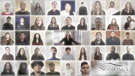 Multiple screens of SSU Concert Choir and Sonovoce singing together