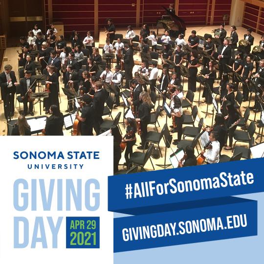 Giving Day ad with Symphony Orchestra on stage