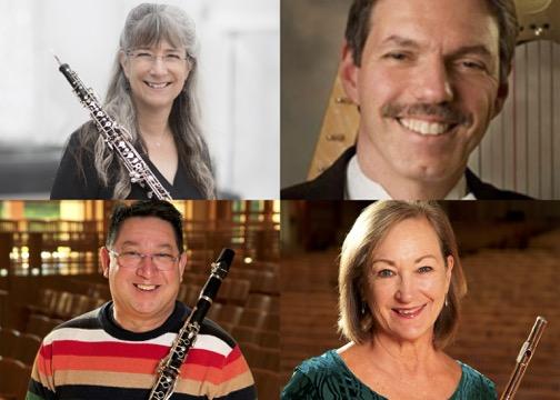 Four headshots in one image. 3 holding instruments and one with a harp behind them