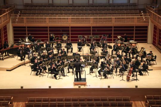 Wind Ensemble performing on Weill hall stage