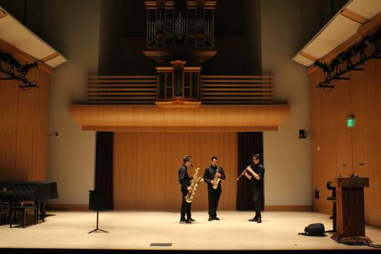 Saxophone trio onstage in Schroeder Hall